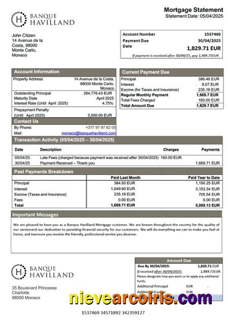 Monaco Banque Havilland mortgage statement Word and PDF template